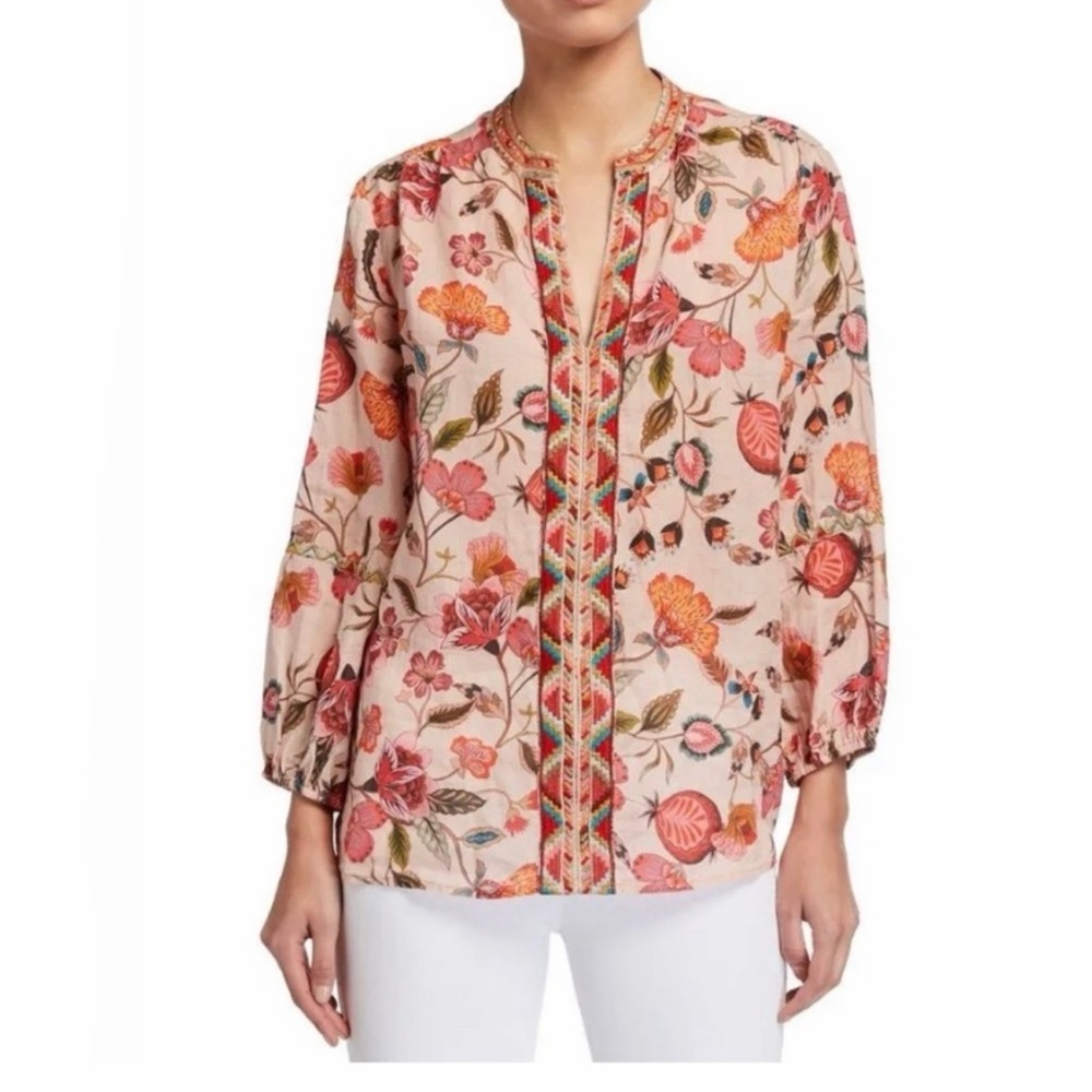 Johnny Was Workshop Floral Embroidered Tunic Top Size M Boho Cottagecore Retro